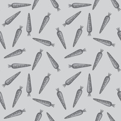 Seamless vegetable pattern. Background in small gray-white carrots on a gray background for textiles, fabric, cotton fabric, cover, wallpaper, stamp, gift wrap, postcard, scrapbooking.