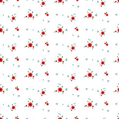 Seamless floral pattern. Background in small red flowers on a white background for textiles, fabric, cotton fabric, covers, wallpaper, stamp, gift wrapping, postcard, scrapbooking.