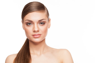 Beautiful model with natural make-up on white background. Studio photo