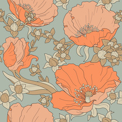 seamless floral ornament with poppies and buds on green-grey background