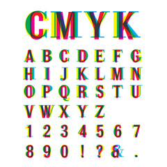 cmyk font typeface. Made from overlayed Cyan Magenta and Yellow 