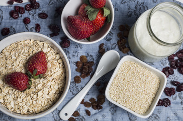 oats strawberry chia Healthy breakfast ingredients.