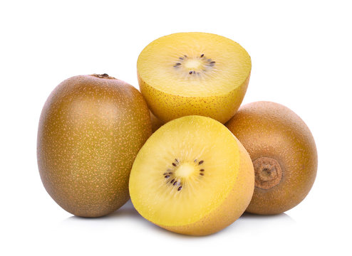 whole and half of yellow or gold kiwi fruit isolated on white background