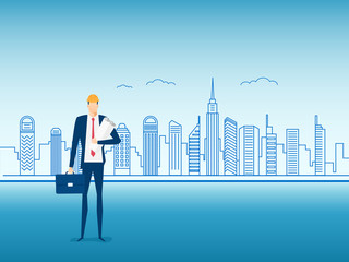 Fototapeta premium Engineer construction holding a blueprint paper on city screen. Character design.