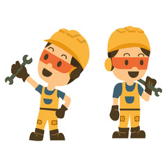 construction worker holding a spanner or wrench. technician. vector illustrator