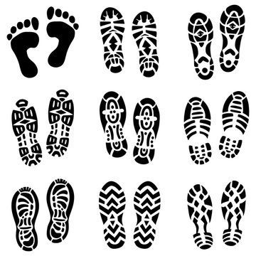 Monochrome set of running shoes and human legs footprint isolated. Vector illustration