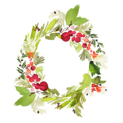 Christmas wreath with berries watercolor postcard. © Karma