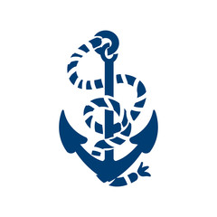 Icono plano ancla con cuerda azul en fondo blanco