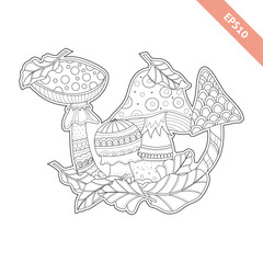 Cartoon mushrooms and leaf  with doodle ornament for coloring page