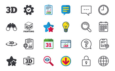 3d technology icons. Printer, rotation arrow sign symbols. Print cube. Chat, Report and Calendar signs. Stars, Statistics and Download icons. Question, Clock and Globe. Vector