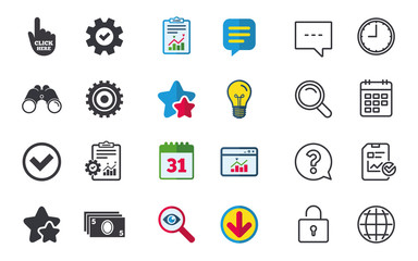 ATM cash machine withdrawal icons. Click here, check PIN number, processing and cash withdrawal symbols. Chat, Report and Calendar signs. Stars, Statistics and Download icons. Vector