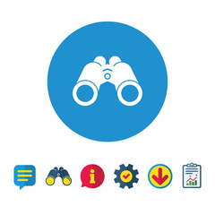 Fototapeta premium Binoculars icon. Find software sign. Spy equipment symbol. Information, Report and Speech bubble signs. Binoculars, Service and Download icons. Vector