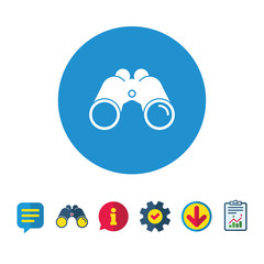 Binoculars icon. Find software sign. Spy equipment symbol. Information, Report and Speech bubble signs. Binoculars, Service and Download icons. Vector