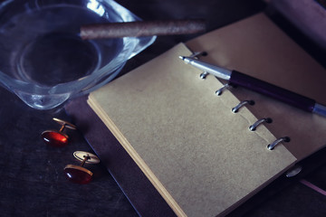 retro paper empty and objects pen rope cigar