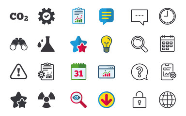 Attention and radiation icons. Chemistry flask sign. CO2 carbon dioxide symbol. Chat, Report and Calendar signs. Stars, Statistics and Download icons. Question, Clock and Globe. Vector