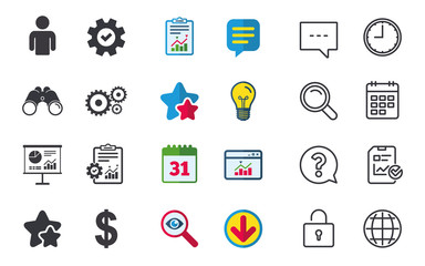 Business icons. Human silhouette and presentation board with charts signs. Dollar currency and gear symbols. Chat, Report and Calendar signs. Stars, Statistics and Download icons. Vector