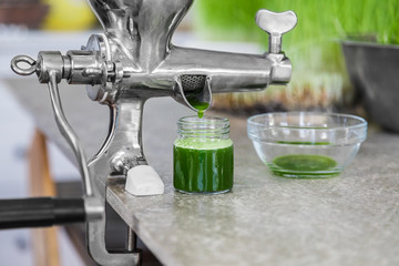 Extraction of Wheatgrass in Action on the Kitchen Countertop using a Manual Juicer
