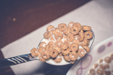 closeup of corn flakes with milk in a spoon