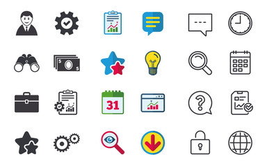Businessman icons. Human silhouette and cash money signs. Case and gear symbols. Chat, Report and Calendar signs. Stars, Statistics and Download icons. Question, Clock and Globe. Vector
