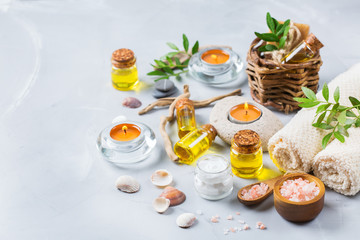 Spa wellness setting concept, background with essential oil soap cream