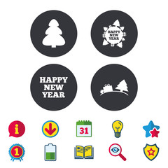 Happy new year icon. Christmas trees signs. World globe symbol. Calendar, Information and Download signs. Stars, Award and Book icons. Light bulb, Shield and Search. Vector