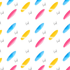 Surfing pattern. Seamless pattern of colorful surfboards and hand drawn lettering Surf.