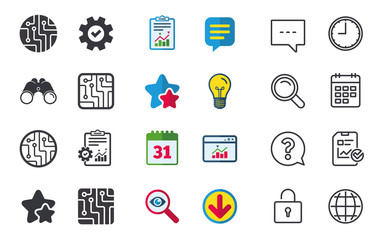 Circuit board icons. Technology scheme circles and squares sign symbols. Chat, Report and Calendar signs. Stars, Statistics and Download icons. Question, Clock and Globe. Vector