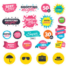 Sale shopping banners. Clothing accessories icons. Umbrella and sunglasses signs. Headdress hat with business case symbols. Web badges, splash and stickers. Best offer. Vector