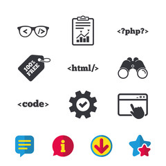 Programmer coder glasses icon. HTML markup language and PHP programming language sign symbols. Browser window, Report and Service signs. Binoculars, Information and Download icons. Stars and Chat