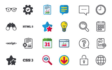 Programmer coder glasses icon. HTML5 markup language and CSS3 cascading style sheets sign symbols. Chat, Report and Calendar signs. Stars, Statistics and Download icons. Question, Clock and Globe