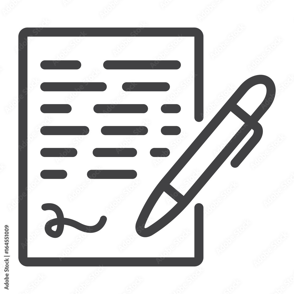 Poster pen signing line icon, business contract and signature, vector graphics, a linear pattern on a white