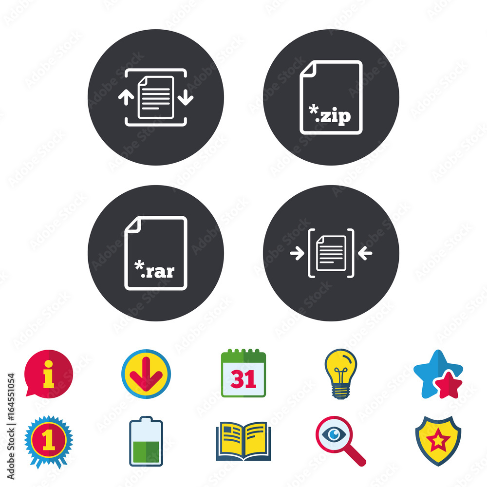 Aufkleber archive file icons. compressed zipped document signs. data compression symbols. calendar, informatio