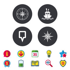 Windrose navigation compass icons. Shipping delivery sign. Location map pointer symbol. Calendar, Information and Download signs. Stars, Award and Book icons. Light bulb, Shield and Search. Vector