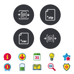 Archive file icons. Compressed zipped document signs. Data compression symbols. Calendar, Information and Download signs. Stars, Award and Book icons. Light bulb, Shield and Search. Vector