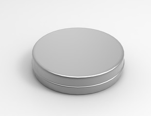 Round thin aluminium container with lid and blank shoe polish box isolated on a white background. 3D render illustration.