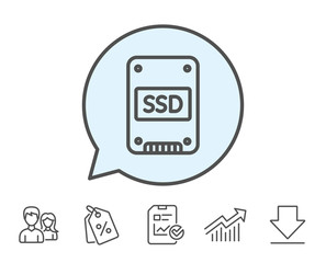 SSD icon. Solid-state drive sign. Storage disk symbol. Report, Sale Coupons and Chart line signs. Download, Group icons. Editable stroke. Vector