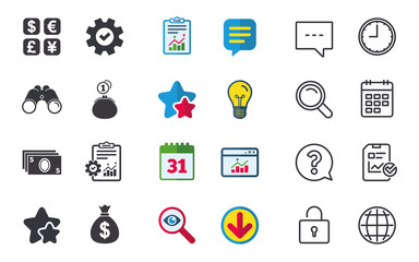 Currency exchange icon. Cash money bag and wallet with coins signs. Dollar, euro, pound, yen symbols. Chat, Report and Calendar signs. Stars, Statistics and Download icons. Question, Clock and Globe