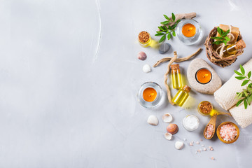 Spa wellness setting concept, background with essential oil soap cream