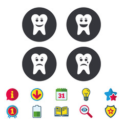 Tooth happy, sad and crying faces icons. Dental care signs. Healthy or unhealthy teeth symbols. Calendar, Information and Download signs. Stars, Award and Book icons. Light bulb, Shield and Search