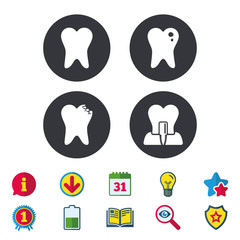 Dental care icons. Caries tooth sign. Tooth endosseous implant symbol. Calendar, Information and Download signs. Stars, Award and Book icons. Light bulb, Shield and Search. Vector