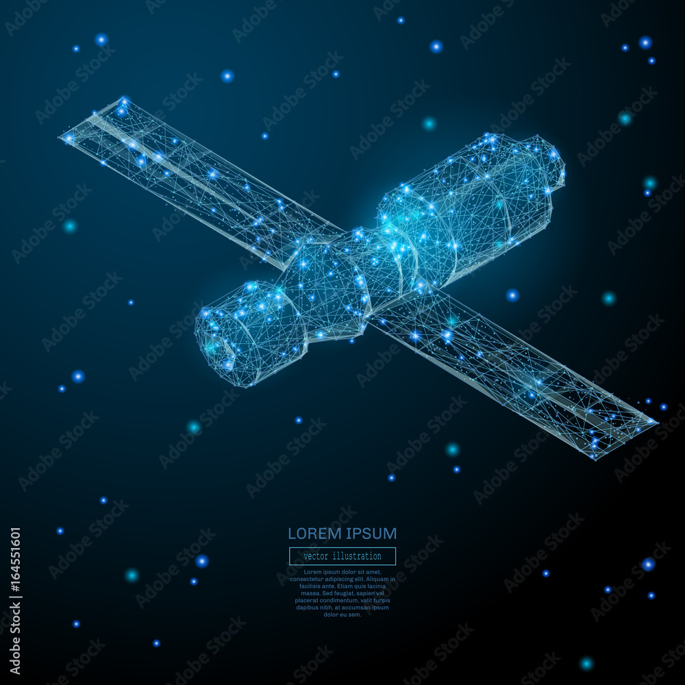 Poster Abstract image of a Orbital space station in the form of a starry sky or space, consisting of points, lines, and shapes in the form of planets, stars and the universe. Vector business concept