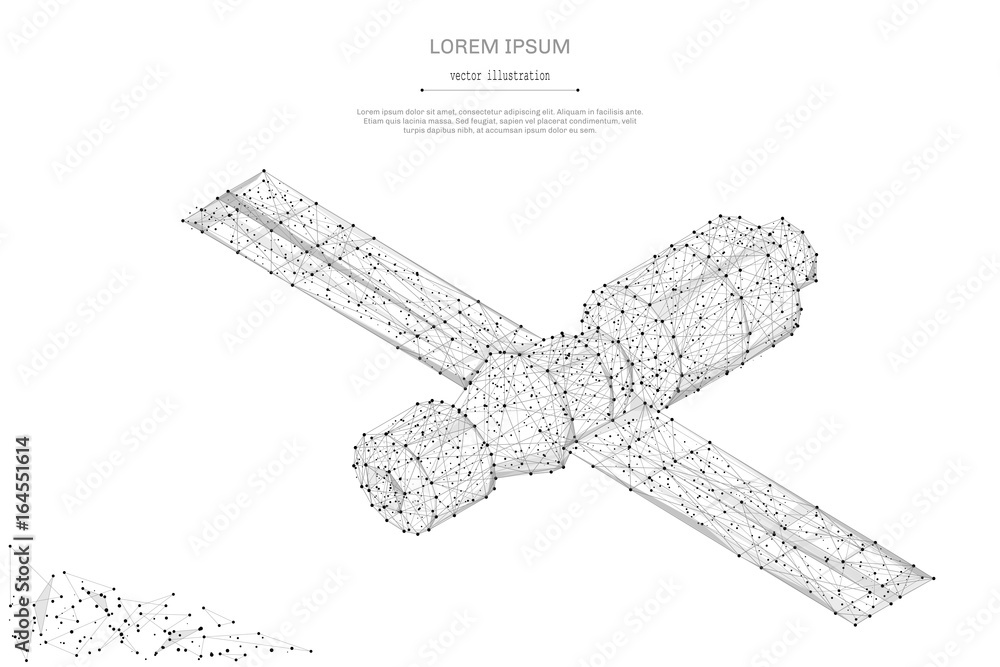Poster abstract mash line and point orbital space station on white background with an inscription. starry s