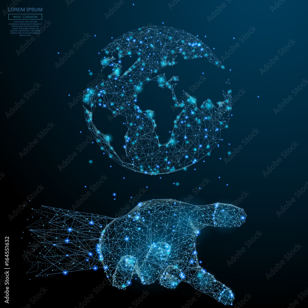Poster Abstract image of a planet earth in the palm in the form of a starry sky or space, consisting of points, lines, and shapes in the form of planets, stars and the universe. Vector business