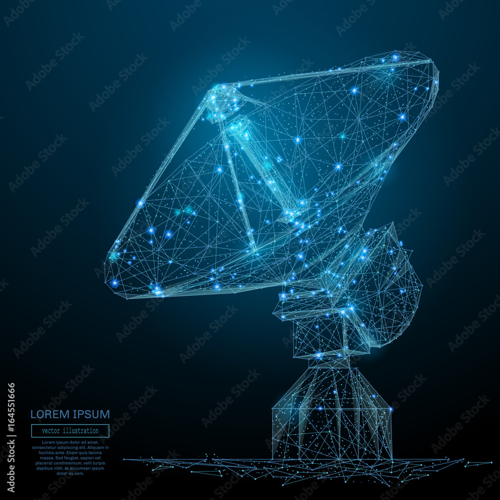 Poster directional radio antenna. astronomy. abstract image of a radio telescope in the form of a starry sk