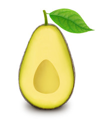 Half of ripe avocado with leaf isolated on a white