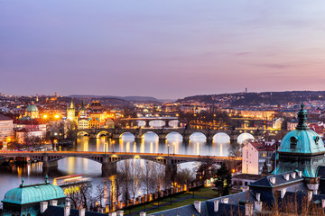 View of the most important bridges in Prague: Charles bridge, Palace bridge, Railway bridge, Legion bridge, Manes bridge, Jirasek bridge. Czechia
