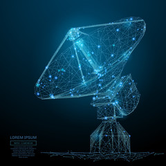 Directional radio antenna. Astronomy. Abstract image of a radio telescope in the form of a starry sky or space, consisting of points, lines, and shapes, stars and the universe. Vector cosmos concept.
