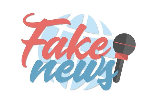 Fake news banner with microphone and globe on white background.