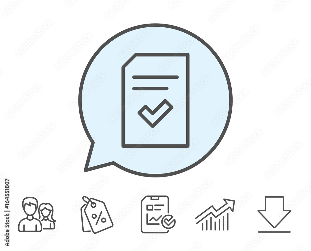 Poster checked document line icon. information file with check sign. correct paper page concept symbol. rep