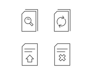 Document, Edit and Upload line icons. Document Management and Search signs. Quality design elements. Editable stroke. Vector